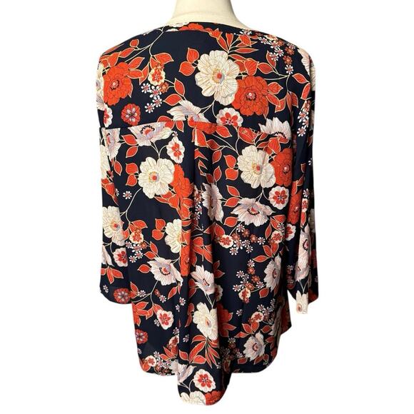 Daniel Rainn New Floral Peasant Blouse Size 2X Roll Tab Sleeves V Neck Navy Blue - Picture 4 of 7